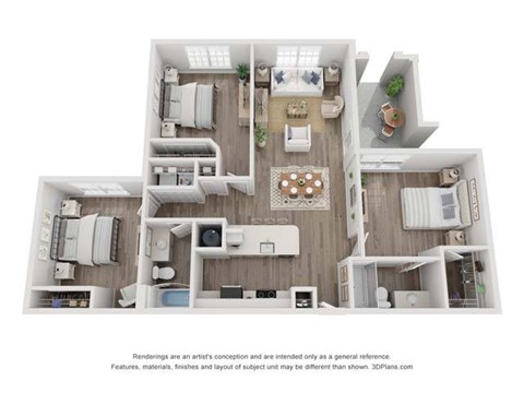 Floor plan for 3 beds, 2 baths, 1305 sqft