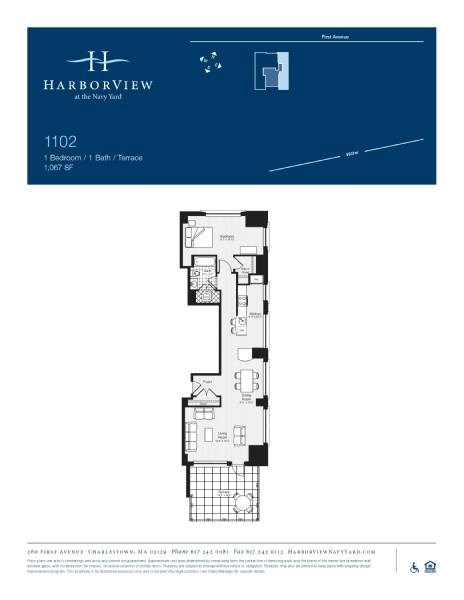 Floor plan for 1 bed, 1 bath, 1067 sqft