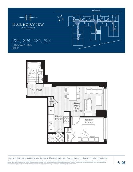 Floor plan for 1 bed, 1 bath, 618 sqft