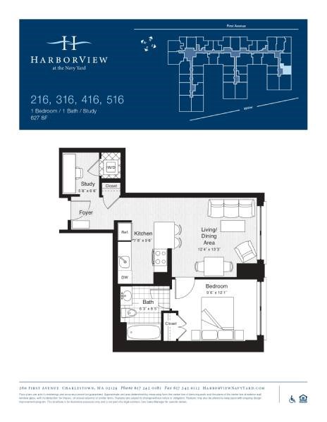 Floor plan for 1 bed, 1 bath, 627 sqft