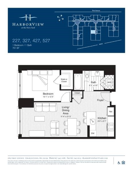Floor plan for 1 bed, 1 bath, 701 sqft