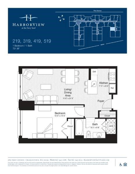 Floor plan for 1 bed, 1 bath, 721 sqft