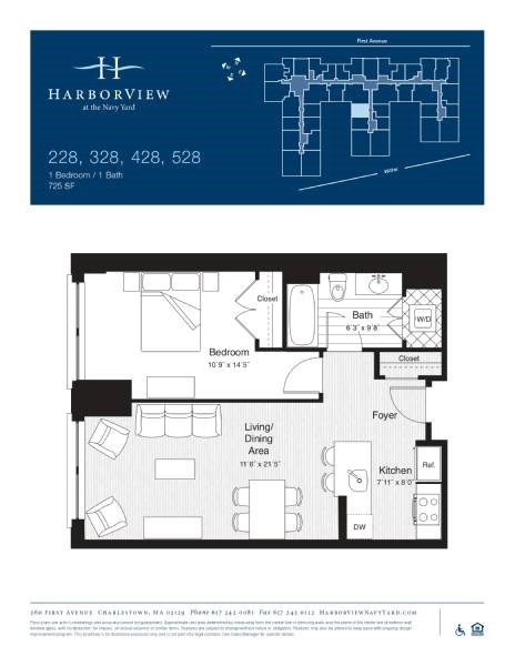 Floor plan for 1 bed, 1 bath, 725 sqft