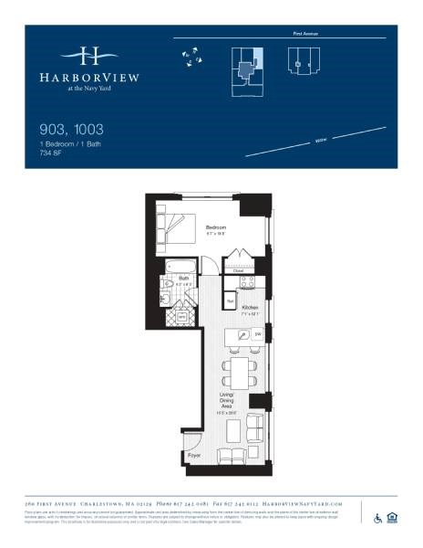 Floor plan for 1 bed, 1 bath, 734 sqft