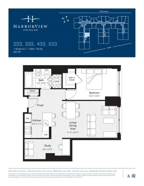 Floor plan for 1 bed, 1 bath, 823 sqft