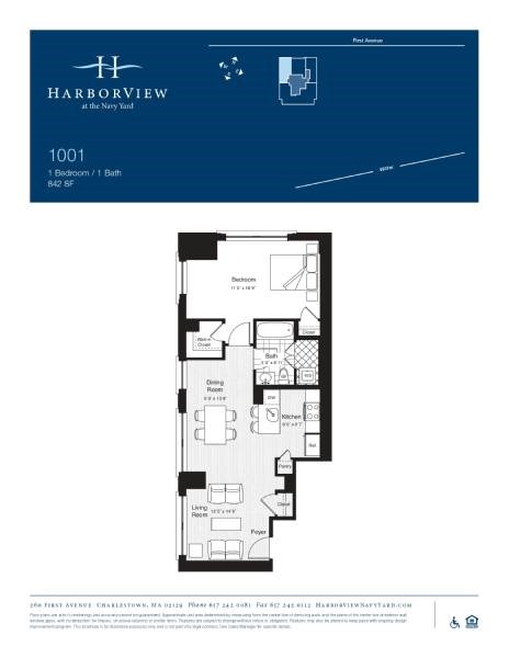 Floor plan for 1 bed, 1 bath, 842 sqft