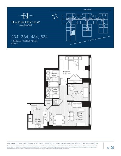 Floor plan for 1 bed, 1.5 baths, 870 sqft