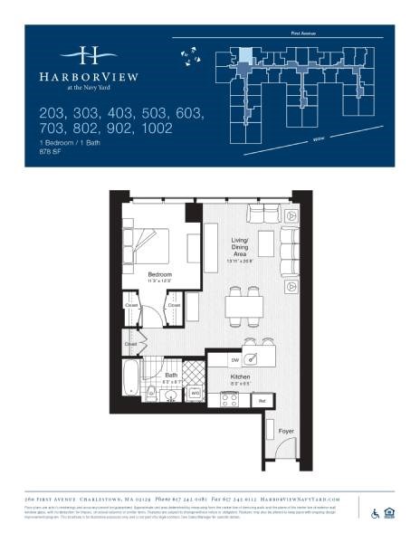 Floor plan for 1 bed, 1 bath, 878 sqft