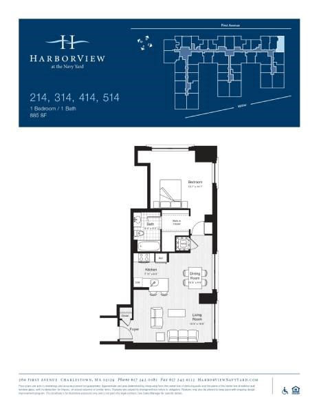Floor plan for 1 bed, 1 bath, 885 sqft