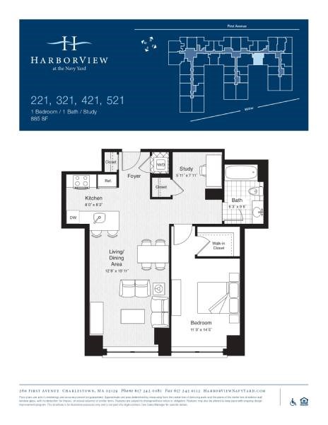 Floor plan for 1 bed, 1 bath, 885 sqft