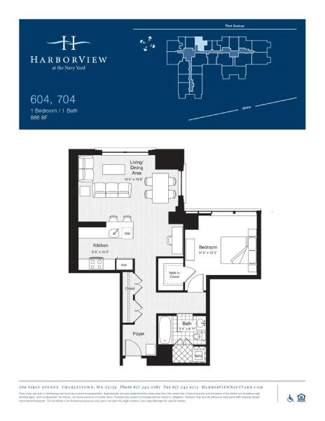 Floor plan for 1 bed, 1 bath, 886 sqft