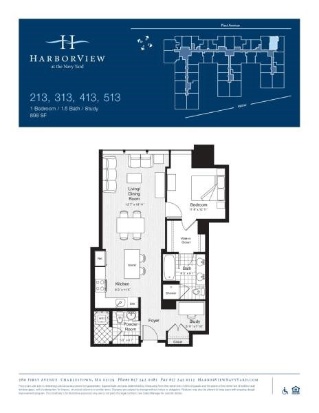 Floor plan for 1 bed, 1.5 baths, 898 sqft