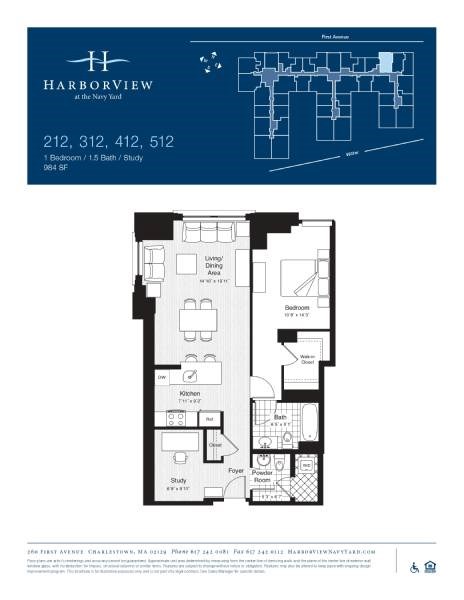 Floor plan for 1 bed, 1.5 baths, 984 sqft