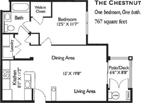 Floor plan for 1 bed, 1 bath, 767 sqft