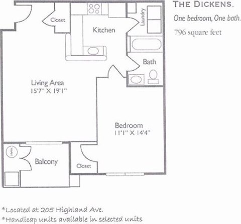 Floor plan for 1 bed, 1 bath, 796 sqft