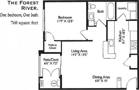Floor plan for 1 bed, 1 bath, 768 sqft
