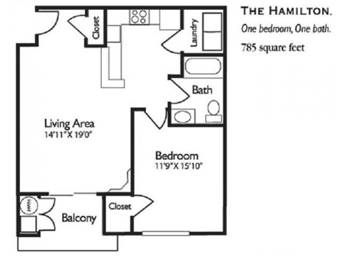 Floor plan for 1 bed, 1 bath, 785 sqft