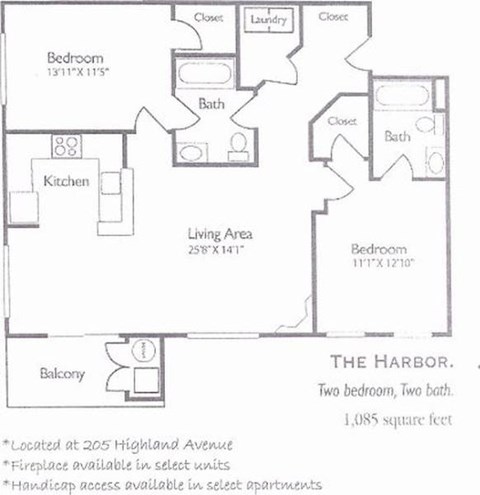 Floor plan for 2 beds, 2 baths, 1085 sqft