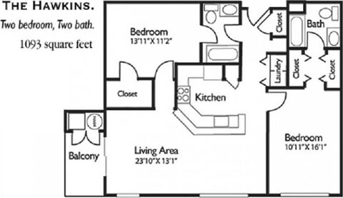 Floor plan for 2 beds, 2 baths, 1093 sqft