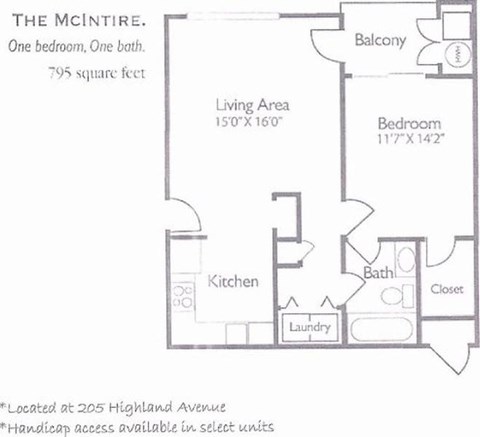 Floor plan for 1 bed, 1 bath, 795 sqft