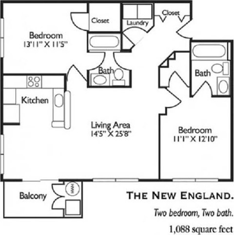 Floor plan for 2 beds, 2 baths, 1088 sqft