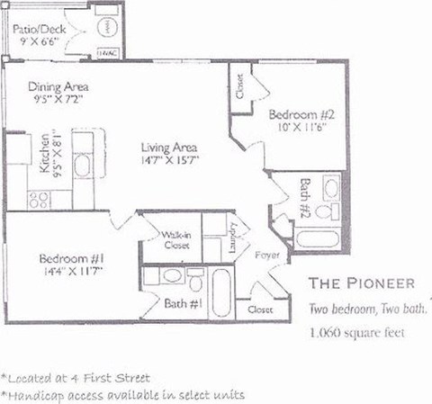 Floor plan for 2 beds, 2 baths, 1060 sqft