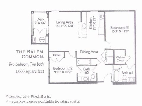Floor plan for 2 beds, 2 baths, 1060 sqft