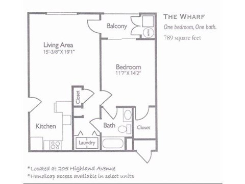 Floor plan for 1 bed, 1 bath, 789 sqft