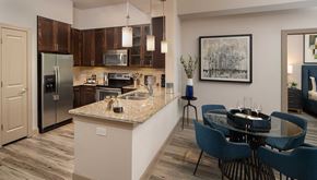 Atlanta apartment for rent - Kitchen with stainless steel appliances, dining area with table, granite counters and double basin sink
