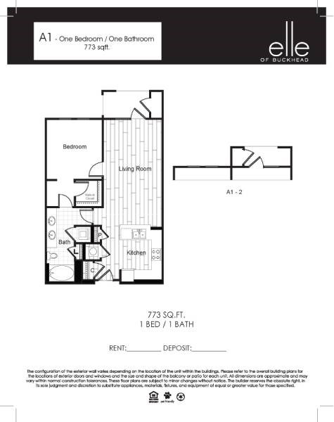Floor plan for 1 bed, 1 bath, 773 sqft