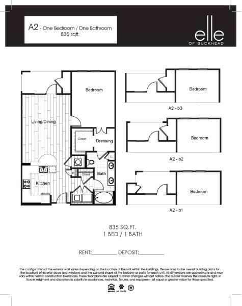 Floor plan for 1 bed, 1 bath, 835 sqft