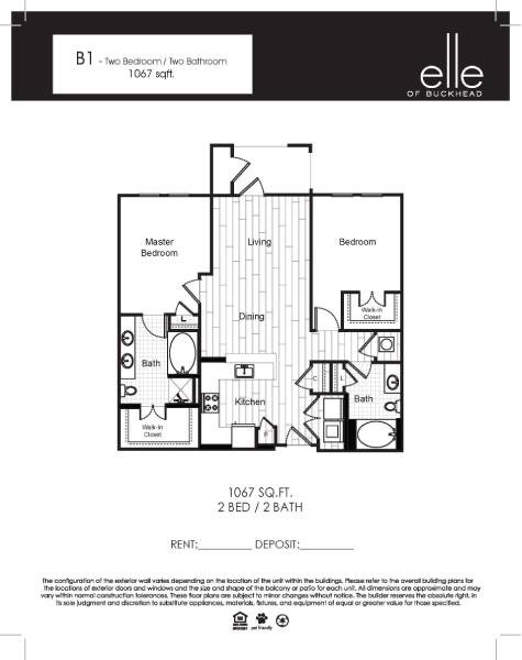 Floor plan for 2 beds, 2 baths, 1067 sqft