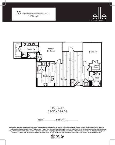 Floor plan for 2 beds, 2 baths, 1150 sqft