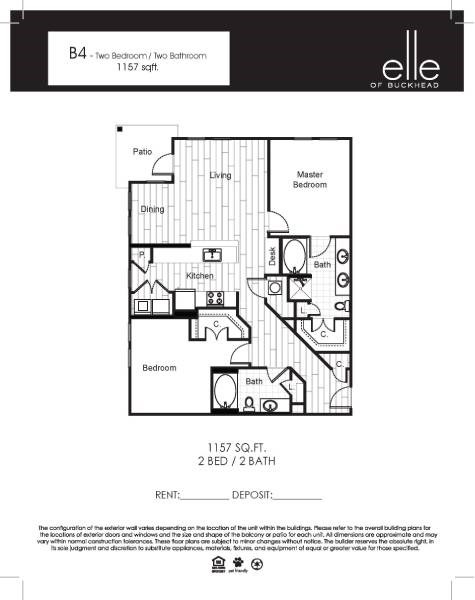 Floor plan for 2 beds, 2 baths, 1157 sqft