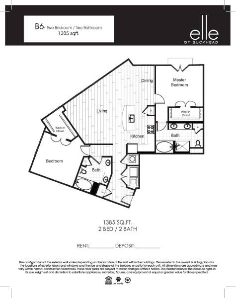 Floor plan for 2 beds, 2 baths, 1385 sqft