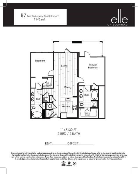 Floor plan for 2 beds, 2 baths, 1145 sqft