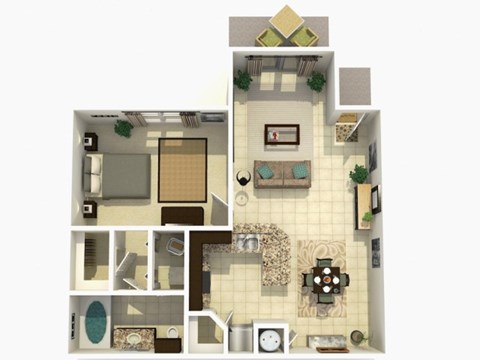 Floor plan for 1 bed, 1 bath, 769 sqft
