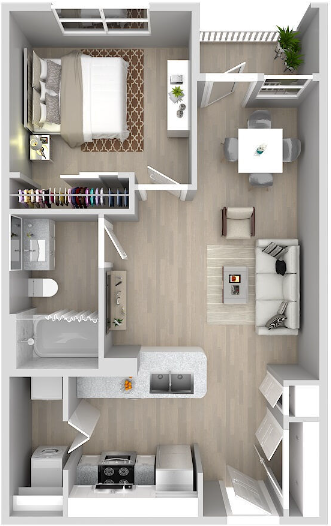 Floor plan for 1 bed, 1 bath, 640 sqft
