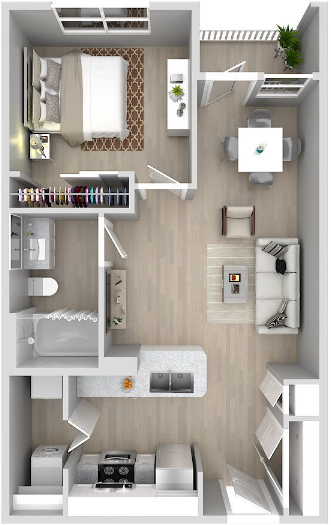Floor plan for 1 bed, 1 bath, 640 sqft