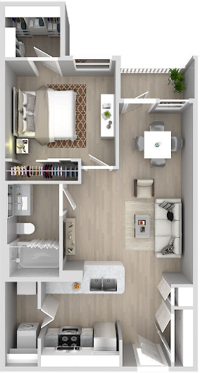 Floor plan for 1 bed, 1 bath, 675 sqft