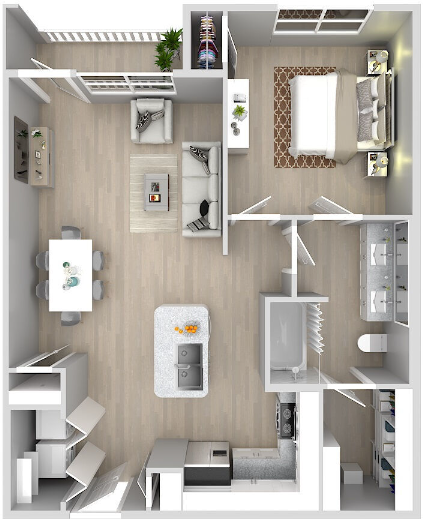 Floor plan for 1 bed, 1 bath, 832 sqft