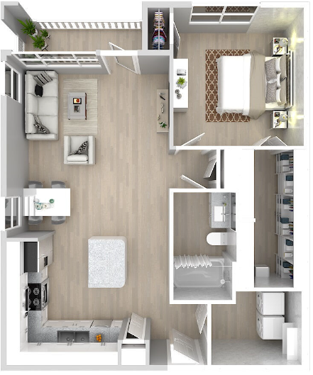 Floor plan for 1 bed, 1 bath, 854 sqft