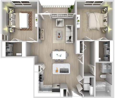 Floor plan for 2 beds, 1 bath, 1037 sqft