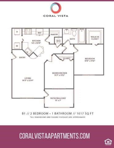Floor plan for 2 beds, 1 bath, 1017 sqft