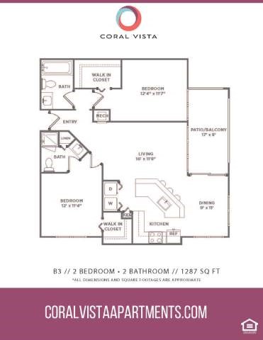 Floor plan for 2 beds, 2 baths, 1287 sqft