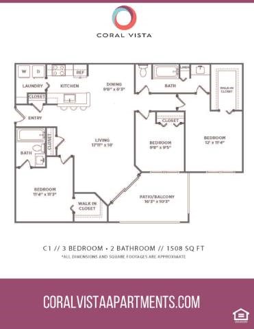 Floor plan for 3 beds, 2 baths, 1508 sqft