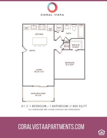 Floor plan for 1 bed, 1 bath, 800 sqft