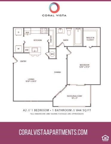 Floor plan for 1 bed, 1 bath, 844 sqft
