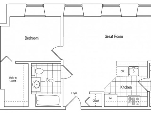 Floor plan for 1 bed, 1 bath, 752 sqft