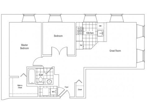Floor plan for 2 beds, 1 bath, 960 sqft